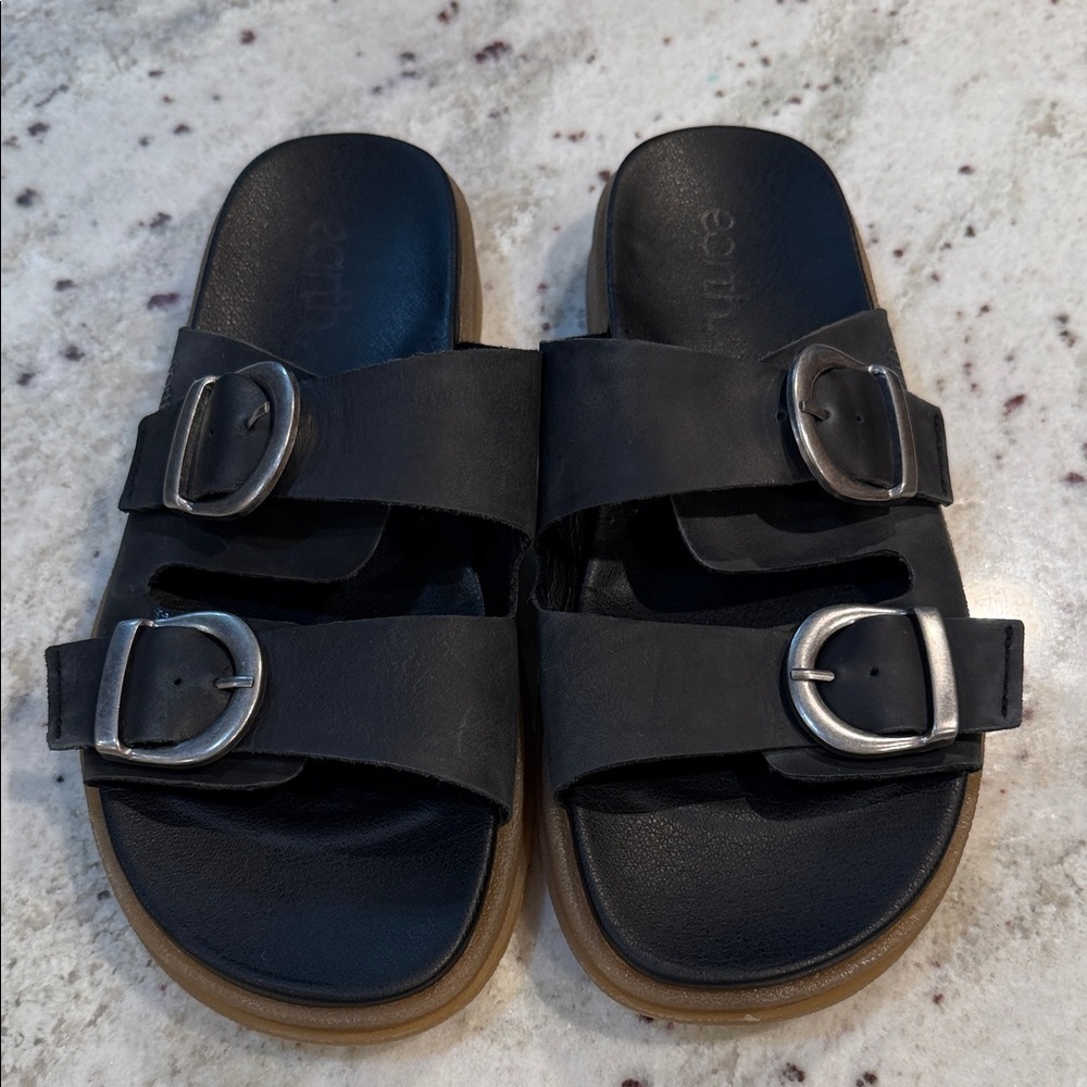 Earth Black Double Buckle Leather Sandals